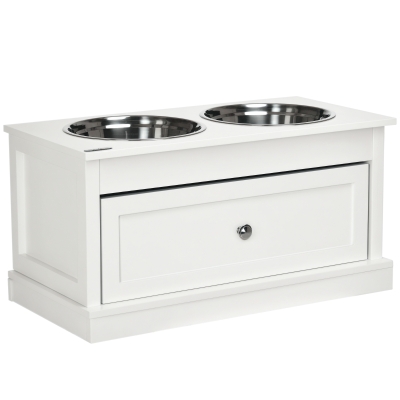PawHut Large Elevated Dog Bowl Stand with Storage Drawer, White