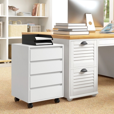HOMCOM 4 Drawer File Cabinet, Vertical Filing Cabinet with Wheels, Modern Printer Stand for Home Office, White