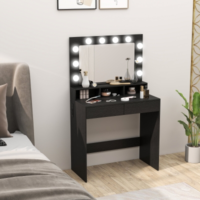 HOMCOM Vanity Table, Makeup Dressing Table with LED Lighting Mirror, Charging Station and Drawers for Bedroom, Black