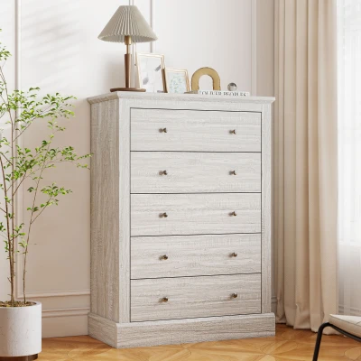 HOMCOM 31" Farmhouse Chest with 5 Drawers, Wood Top, Dirty Oak