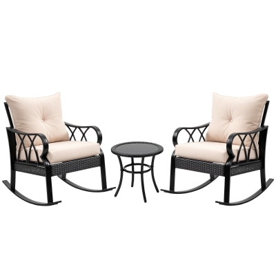Outsunny 3-Piece Rocking Wicker Bistro Set, Khaki Cushions