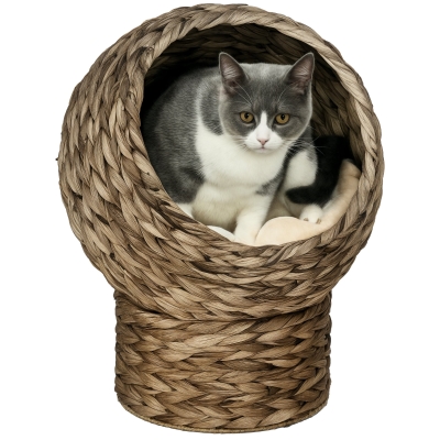 PawHut Handwoven Elevated Cat Bed, 23.5" H, Gray Wicker