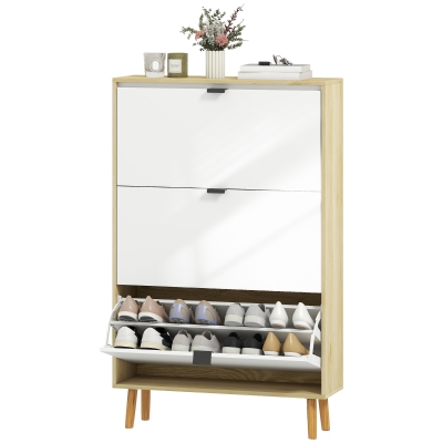 HOMCOM Narrow Shoe Cabinet, High Gloss Shoe Storage Cabinet with 3 Flip Drawers and Adjustable Shelves, Holds 24 Pairs, White
