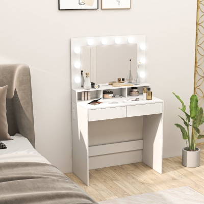 HOMCOM Vanity Table, Makeup Dressing Table with LED Lighting Mirror, Charging Station and Drawers for Bedroom, White