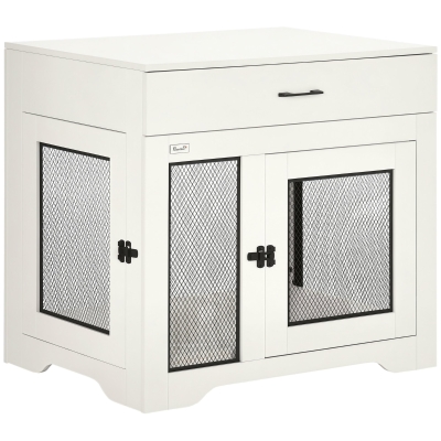 PawHut Dog Crate End Table with Cushion & Drawer, White