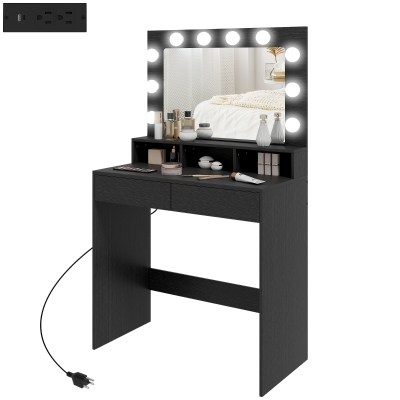 HOMCOM Vanity Table, Makeup Dressing Table with LED Lighting Mirror, Charging Station and Drawers for Bedroom, Black