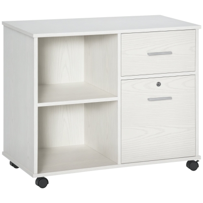 Vinsetto Lateral Filing Cabinet with Wheels, Locking File Cabinet, Mobile Printer Stand with Open Shelves and Drawers for A4 Size Documents, White