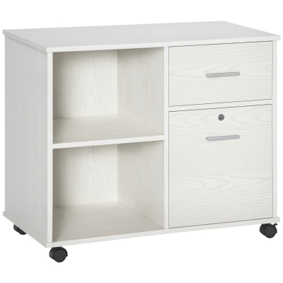 Vinsetto Lateral Filing Cabinet with Wheels, Locking File Cabinet, Mobile Printer Stand with Open Shelves and Drawers for A4 Size Documents, White