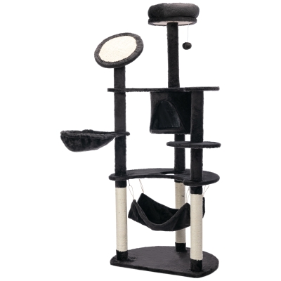 PawHut 60" Multi-Level Plush Cat Tree, Tall Cat Tower with Scratching Posts and 2 Hammocks, Dark Grey