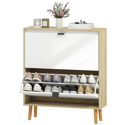 HOMCOM Narrow Shoe Cabinet, High Gloss Shoe Storage Cabinet with 2 Flip Drawers and Adjustable Shelves, Holds 16 Pairs, White