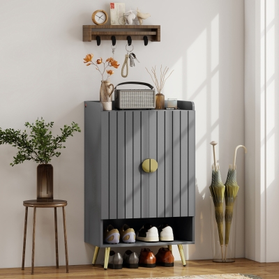 HOMCOM Entryway Shoe Storage Cabinet, Narrow Shoe Cabinet with Adjustable Shelves and Open Shelf for 15 Pairs of Shoes, Grey