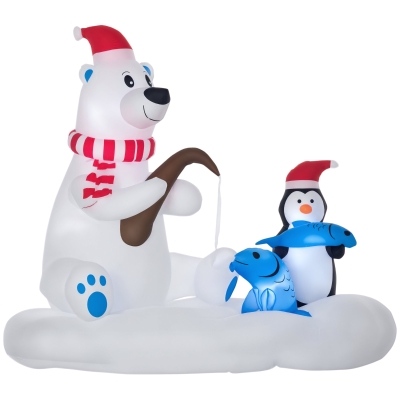 Outsunny 6ft Christmas Inflatable Polar Bear and Penguin with Santa's Hat Fishing on Board, Blow-Up Outdoor LED Yard Display for Lawn Garden Party