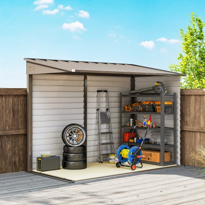 Outsunny 4.6' x 9' Outdoor Storage Shed, Lean to Metal Shed with Foundation Kit, Lockable Doors and Gloves for Patio, Lawn, Brown(m-9)