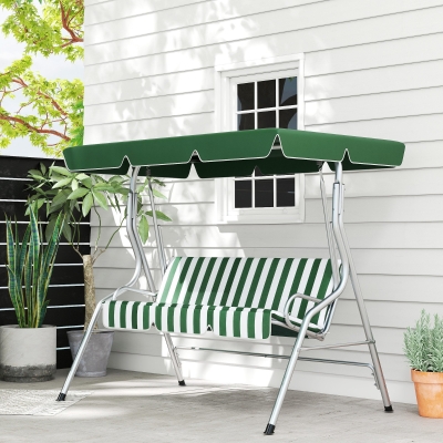 Outsunny 3-Seat Patio Swing Chair, Outdoor Porch Swing Glider with Adjustable Canopy, Removable Cushion, and Weather Resistant Steel Frame, for Garden, Poolside, Green & White