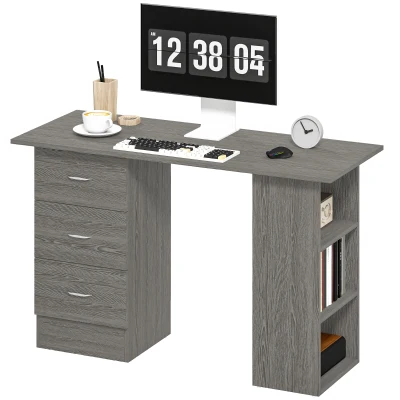 HOMCOM 47 Inches Home Office Desk with 3-Tier Storage Shelves, Computer Desk with Drawers, Study Writing Table, Grey