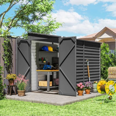 Outsunny 4.6' x 9' Outdoor Storage Shed, Lean to Metal Shed with Foundation Kit, Lockable Doors and Gloves for Patio, Lawn, Dark Gray(m-2)