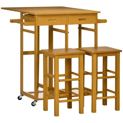 HOMCOM Kitchen Island Breakfast Cart Table & Chair Set with Seating