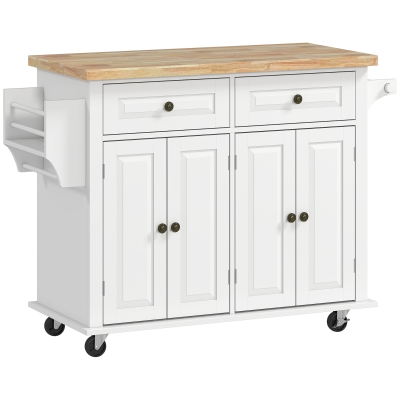 HOMCOM Kitchen Island with Storage, Rolling Trolley Cart with Rubber Wood Top, Spice Rack, Towel Rack, Grey