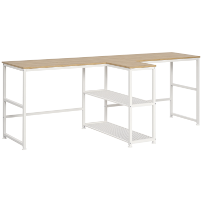 HOMCOM 83" Double Desk Workstation with 2 Storage Shelves, Natural