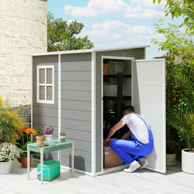 Outsunny 4'x5' Garden Tool Storage Shed, Lean to Shed with Window, Vent and Plastic Roof, Grey