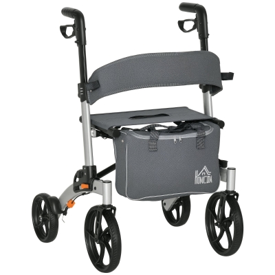 HOMCOM Aluminum Rollator Walker, 10'' Wheels, 300lbs, Gray