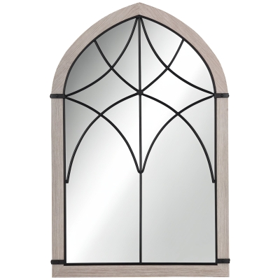 HOMCOM 36.5" Arch Window Wall Mirror, Rustic Wood Grain Decor