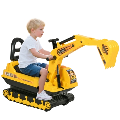 Qaba Kids Ride-on Excavator with Digger, Pretend Play Construction Truck with Under Seat Storage, Realistic Sound, Treaded Wheels, No Power Design