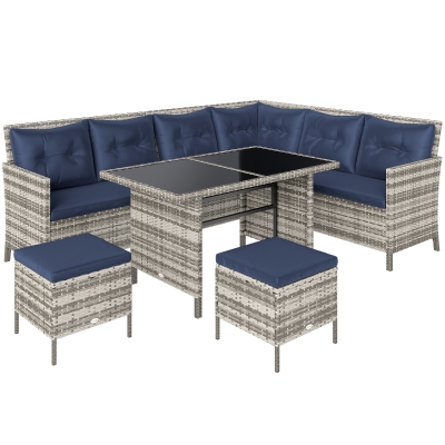 Outsunny 6pcs Outdoor Rattan Sofa Set Garden Wicker Sectional Couch Furniture Set with Dining Table and Chair Sky Blue