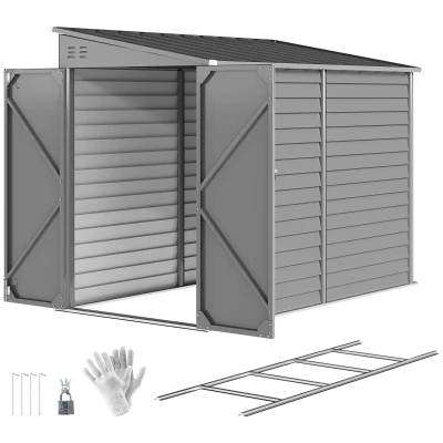 Outsunny 4.6' x 9' Steel Outdoor Storage Shed, Lean to Shed, Metal Tool House with Foundation Kit, Lockable Doors, Gloves and 2 Air Vents for Backyard, Patio, Lawn, Grey