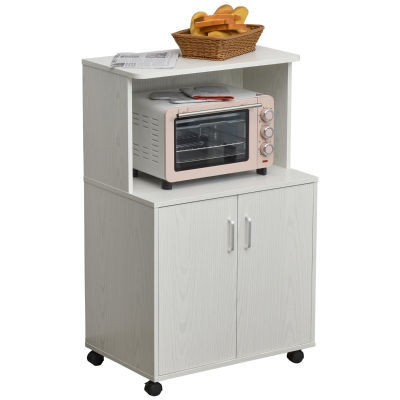 HOMCOM Microwave Cart on Wheels Utility Trolley Storage Sideboard Bookcase with 2-door Cabinet, White Oak