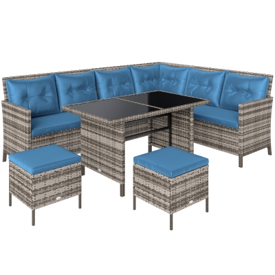 Outsunny 6pcs Outdoor Rattan Sofa Set Garden Wicker Sectional Couch Furniture Set with Dining Table and Chair Blue