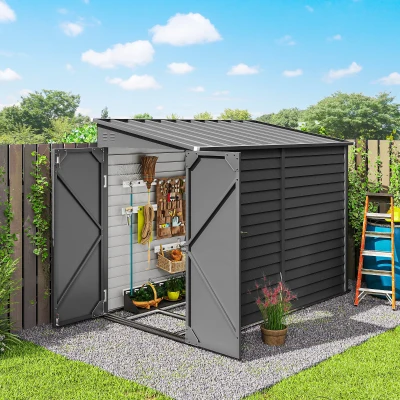 Outsunny 4.6' x 9' Outdoor Storage Shed, Lean to Metal Shed with Foundation Kit, Lockable Doors and Gloves for Patio, Lawn, Dark Gray(m-10)