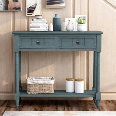 Daisy Series Console Table, Traditional Design with Two Drawers and Bottom Shelf, Pine Wood Frame, 35.5" L x 14" W x 30" H, Navy