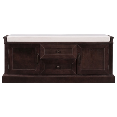 Storage Bench with 4 Doors and Adjustable Shelves, Removable Cushion for Entryway, 43" L x 16" W x 17.5" H, Dark Brown
