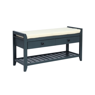 Shoe Rack with Cushioned Seat and Drawers, Pine Wood Frame, Multipurpose Entryway Storage Bench, 39" L x 14" W x 20" H, Antique Navy