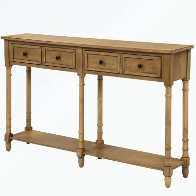 Rustic Console Table with Two Storage Drawers and Bottom Shelf, Solid Pine Wood Frame, Easy Assembly, 58" L x 11" W x 34" H, Natural
