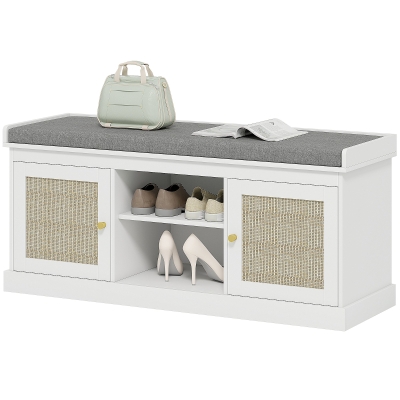 HOMCOM Shoe Bench with Padded Cushion, Boho Entryway Bench with Rattan Doors and Adjustable Shelves, Holds 9 Pairs, White