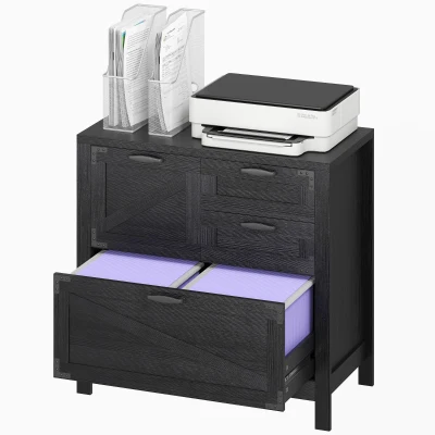 HOMCOM Lateral Filing Cabinet, Farmhouse File Cabinet with 4 Drawers, Fit Letter/A4/Legal Hanging Files, Black Wood Grain