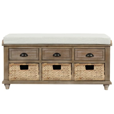 Rustic Storage Bench with 3 Drawers and Rattan Baskets, Acacia Wood Shoe Bench for Entryway, 42" L x 15.5" W x 19" H, White+Wood