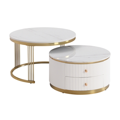Modern Round Nesting Coffee Table Set with Drawers, MDF Top and Gold Legs, 2 Piece Set, 27.5" L x 27.5" W x 17.5" H, White+Gold