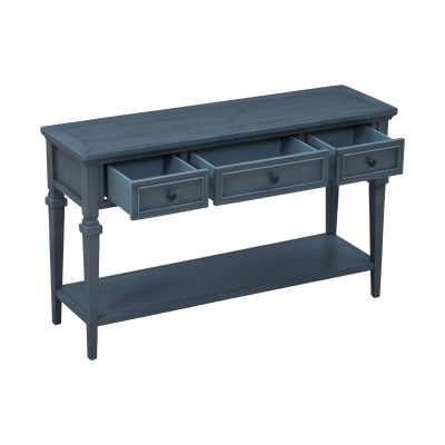Classic Retro Console Table with 3 Drawers, Open Shelf, Solid Pine Wood Frame, Vintage Metal Handles, 50" L x 15" W x 30" H, Navy