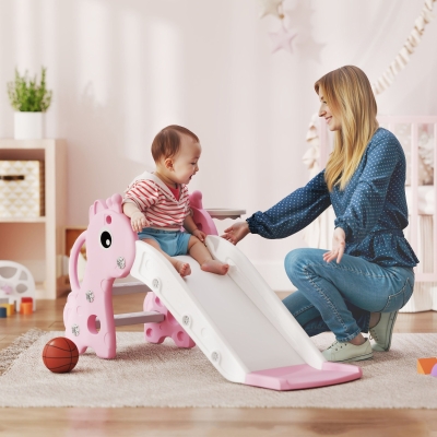 Qaba 3 in 1 Toddler Slide for Age 1-3, Kids Slide with Climber, Basketball Hoop and Ball, Giraffe Design, Pink
