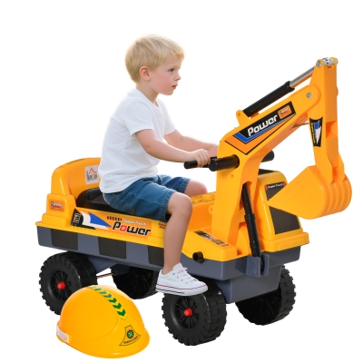 Qaba No Power Ride On Excavator Construction Digger Multi-Functional Truck Toy with 2 in 1 Design Detachable Digging Bucket and Grab Bucket, Music, Light, Yellow