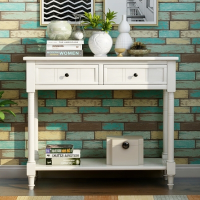 Daisy Series Console Table with Two Drawers and Bottom Shelf, Easy Assembly, Pine Wood Frame, 35.5" L x 14" W x 30" H, Ivory White