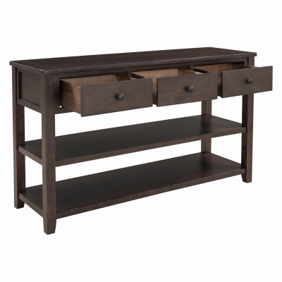 Retro Style Console Table with 3 Drawers and 2 Open Shelves, Pine Wood Frame, Circular Handles, 50" L x 16" W x 30" H, Dark Brown