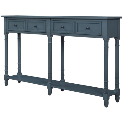 Console Table with Two Storage Drawers and Bottom Shelf, Solid Wood Frame, Easy Assembly, 58" L x 11" W x 34" H, Navy Blue