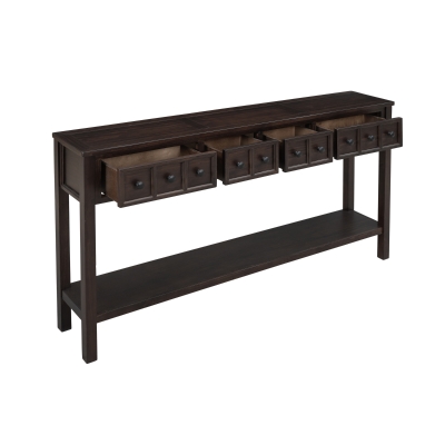 Rustic Entryway Console Table with Two Size Drawers, Bottom Shelf, Solid Timber Frame, Distressed Finish, 60" L x 11" W x 34" H, Dark Brown