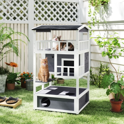 PawHut Wooden Outdoor Cat House, Gray Feral Cat Shelter