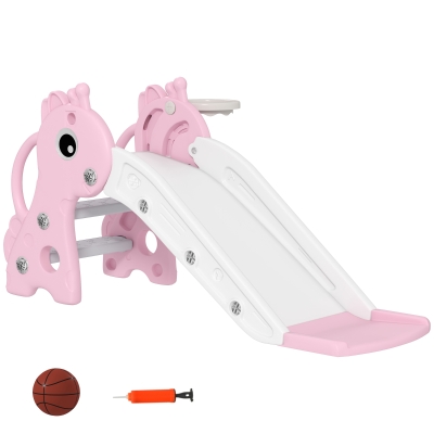 Qaba 3 in 1 Toddler Slide for Age 1-3, Kids Slide with Climber, Basketball Hoop and Ball, Giraffe Design, Pink