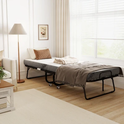 HOMCOM Single Folding Bed with Memory Foam Mattress, White